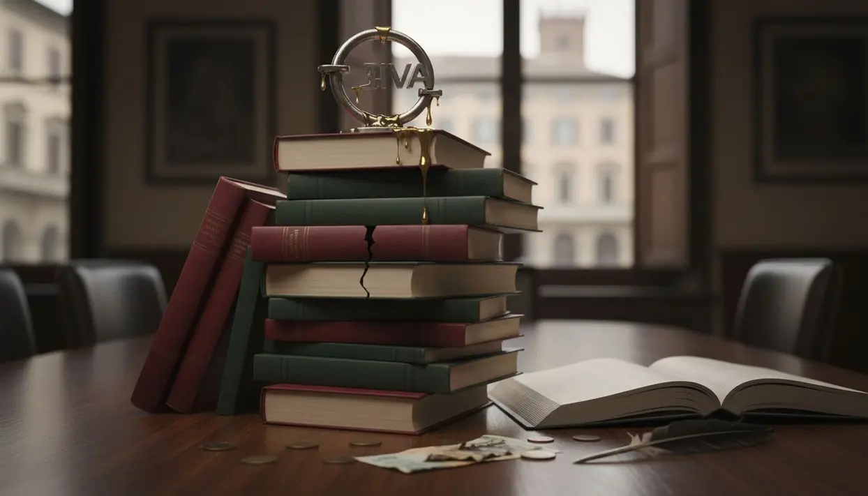 Una pila di libri con una crepa e una scultura in metallo con la scritta IVA su un tavolo di legno.