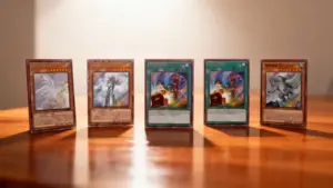 Cinque carte collezionabili Yu-Gi-Oh! disposte su un tavolo di legno