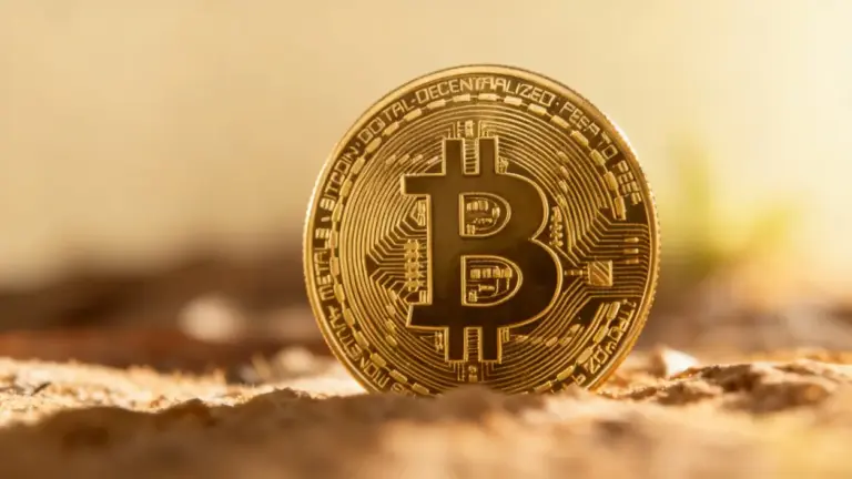 Moneta fisica con simbolo Bitcoin su sfondo sfocato