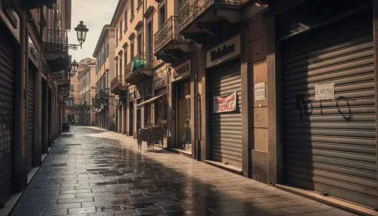 Strada commerciale con negozi chiusi e serrande abbassate in una città italiana