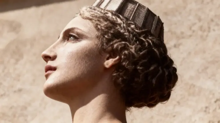 Profilo di una figura femminile con corona in stile antico su sfondo neutro