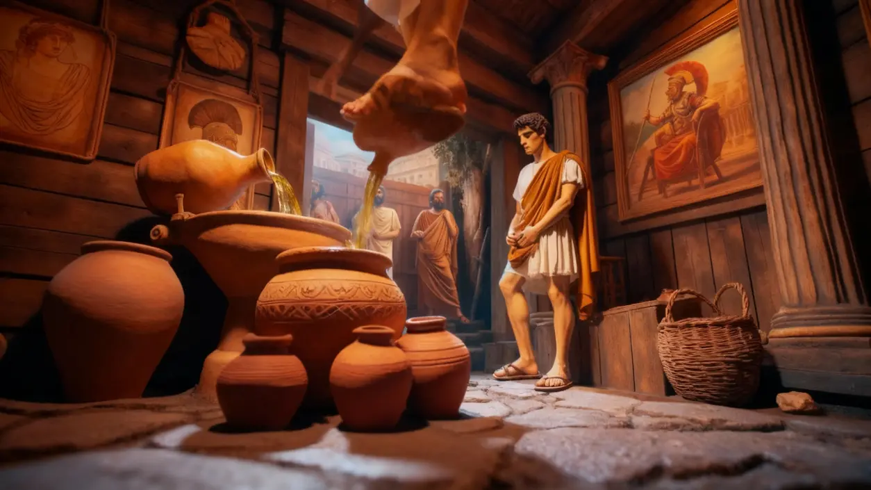 Antica scena romana con anfore e persone in una stanza con pavimento in pietra