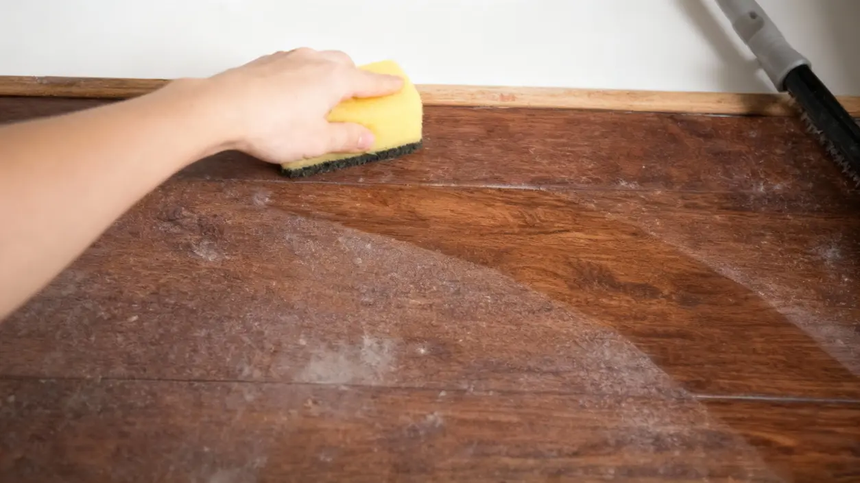Mano che pulisce la polvere da una superficie in legno con una spugna