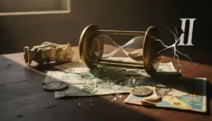Clessidra rotta su banconote, monete e oggetti da collezione su un tavolo in legno.