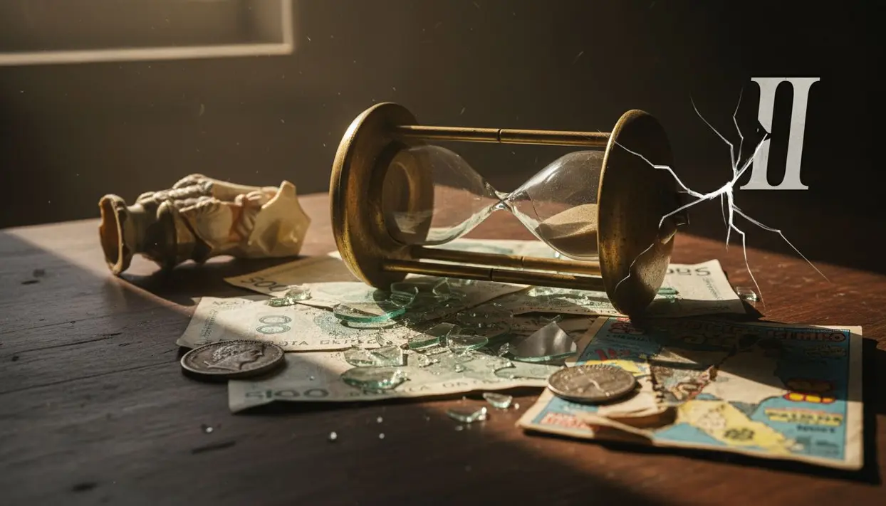 Clessidra rotta su banconote, monete e oggetti da collezione su un tavolo in legno.