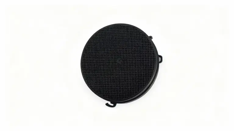 Filtro tondo per cappa da cucina visto in primo piano su sfondo bianco