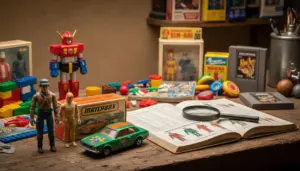 Tavolo con giocattoli vintage come action figure, automobiline, yo-yo e un libro aperto con lente d'ingrandimento