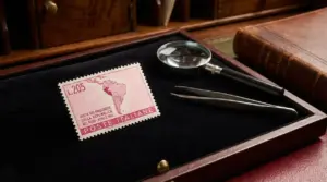 Francobollo Gronchi Rosa esposto in una teca con lente d'ingrandimento e pinzetta