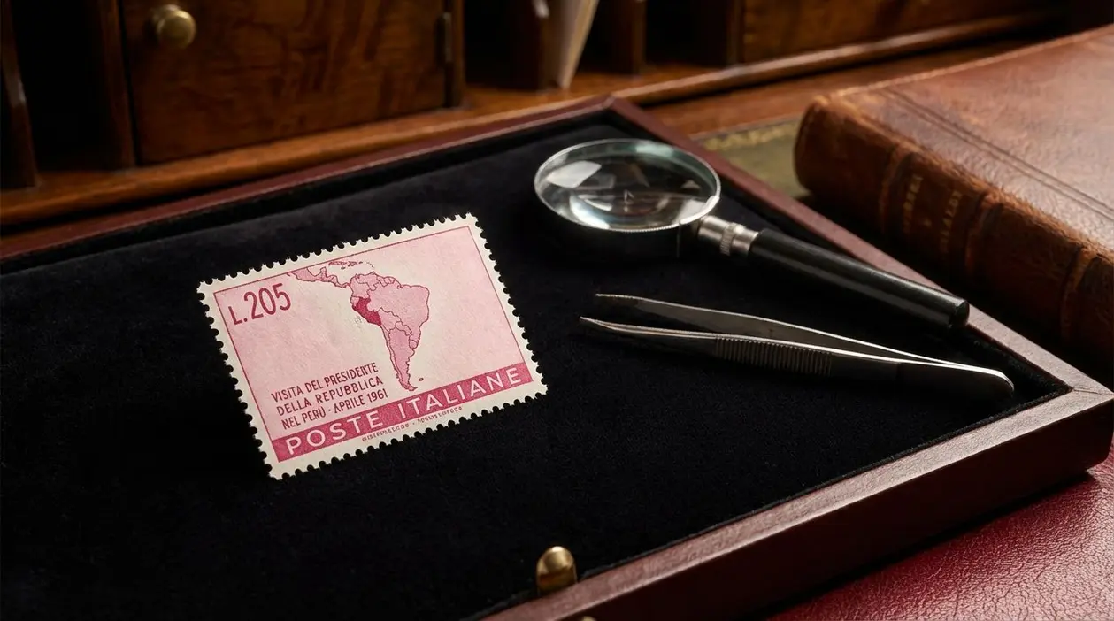 Francobollo Gronchi Rosa esposto in una teca con lente d'ingrandimento e pinzetta