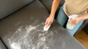 Persona che pulisce un cuscino del divano con bicarbonato e uno spray detergente
