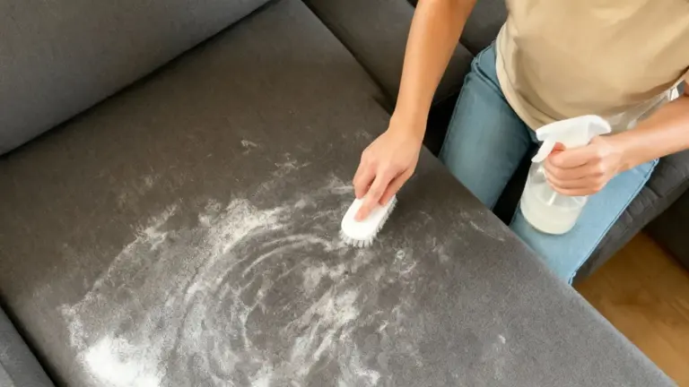 Persona che pulisce un cuscino del divano con bicarbonato e uno spray detergente