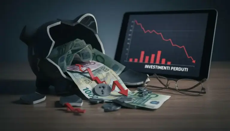 Salvadanaio rotto con banconote e grafico in calo su uno schermo