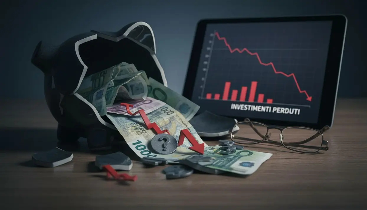 Salvadanaio rotto con banconote e grafico in calo su uno schermo