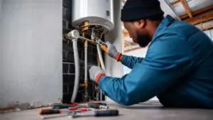 Tecnico che esegue la manutenzione di una caldaia a muro con attrezzi sul pavimento