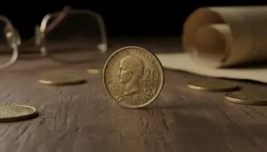 Moneta da 20 lire del 1970 su superficie in legno, con oggetti sfocati sullo sfondo