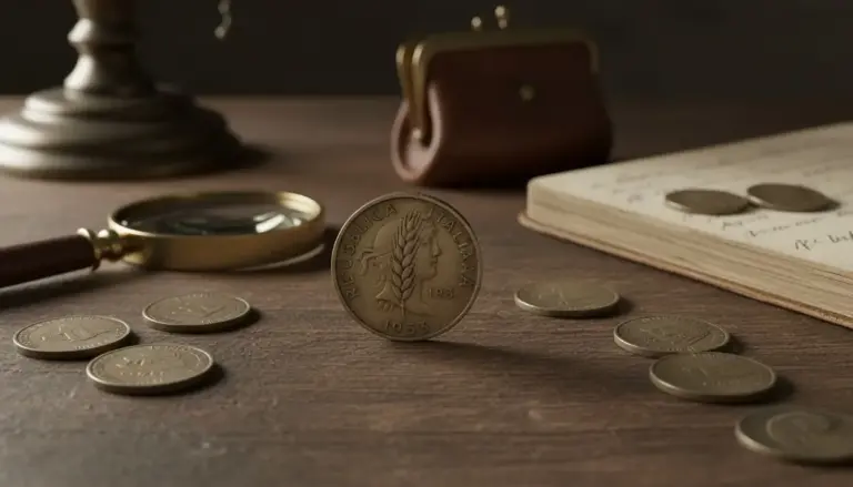 Moneta italiana da 2 lire del 1953 su tavolo con lente e taccuino