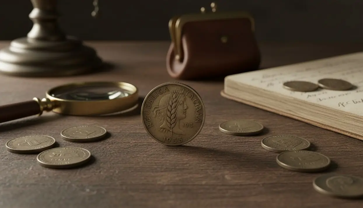 Moneta italiana da 2 lire del 1953 su tavolo con lente e taccuino