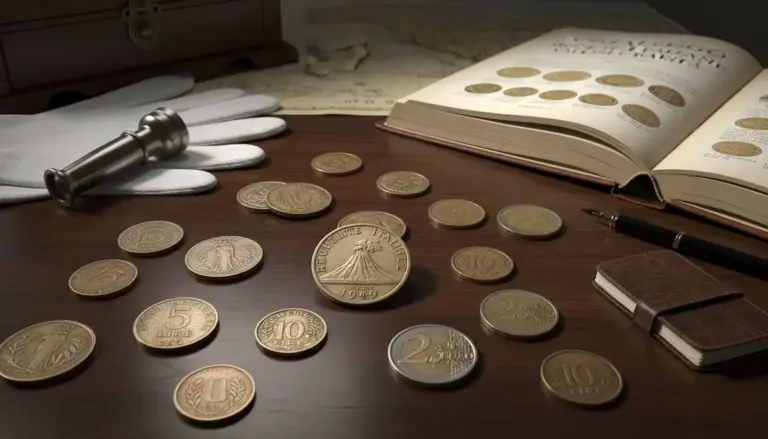 Diverse monete italiane rare disposte su un tavolo accanto a un libro aperto sulla numismatica