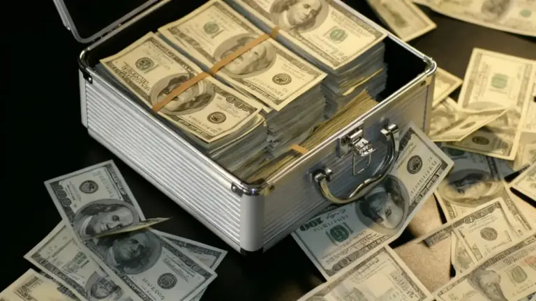 Valigetta metallica piena di mazzette di dollari su un tavolo scuro