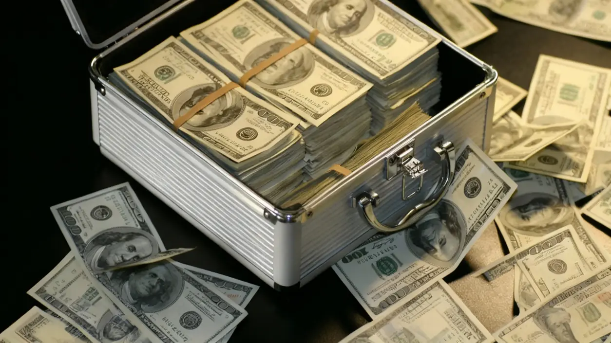 Valigetta metallica piena di mazzette di dollari su un tavolo scuro