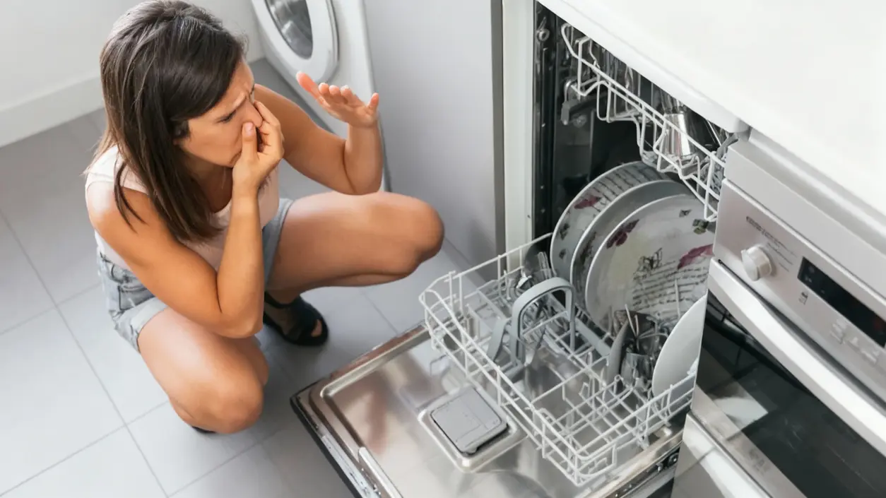 Donna si tappa il naso davanti a una lavastoviglie aperta con piatti al suo interno