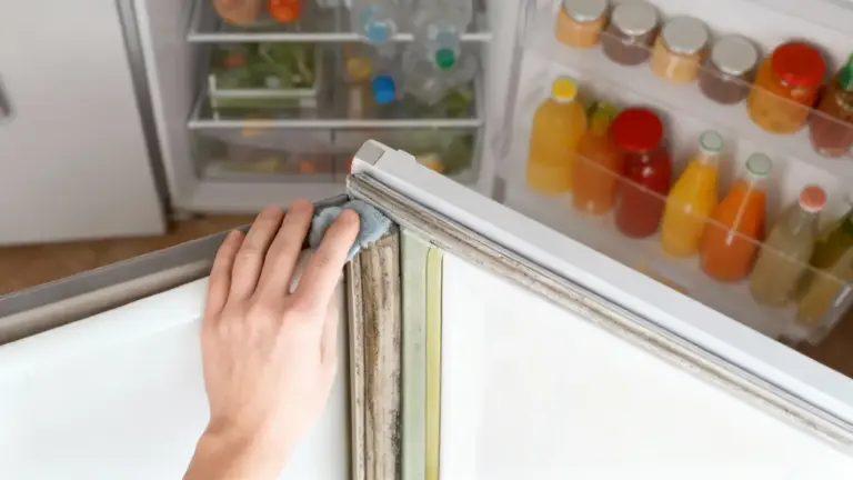 Mano che pulisce la guarnizione del frigorifero per rimuovere condensa e sporco