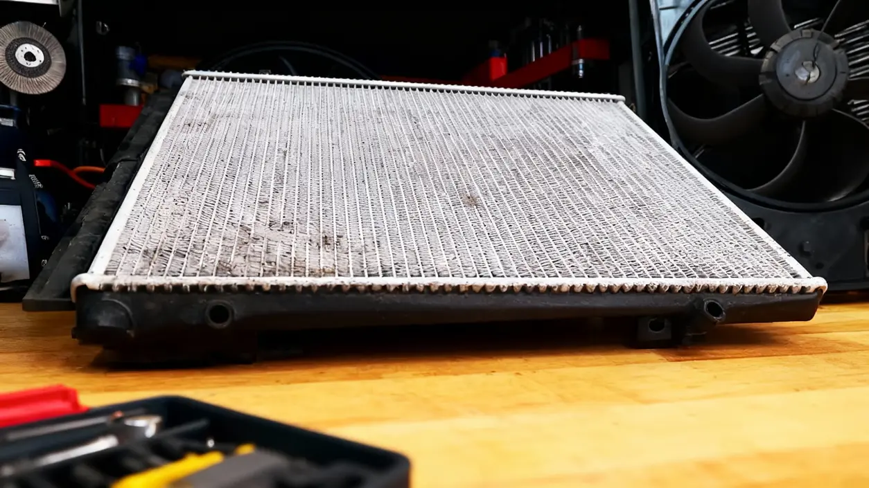 Radiatore sporco appoggiato su un banco da lavoro in un'officina