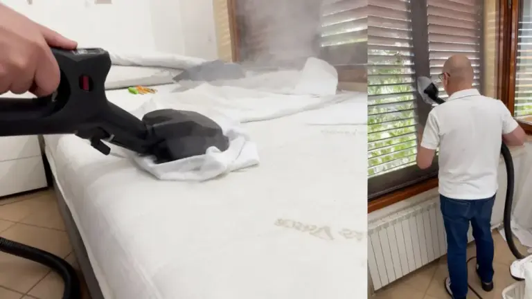 Persona pulisce una zanzariera con un pulitore a vapore senza smontarla