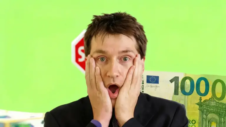 Uomo stupito con banconota da 1000 euro e segnale di stop su sfondo verde