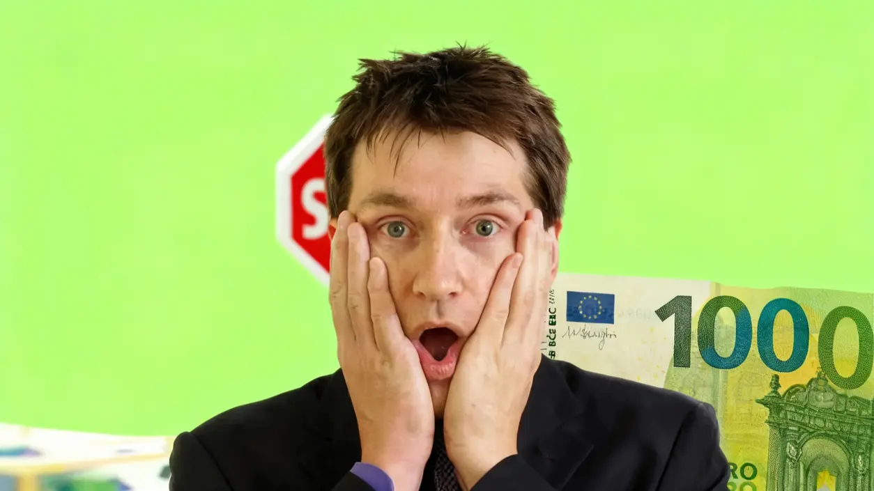 Uomo stupito con banconota da 1000 euro e segnale di stop su sfondo verde