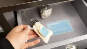 Mano che inserisce un sacchetto profumato all'interno di un cassetto