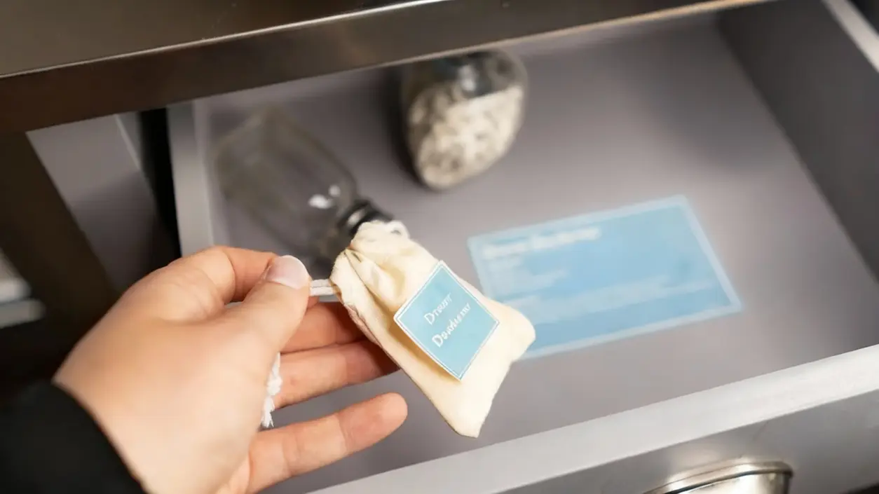 Mano che inserisce un sacchetto profumato all'interno di un cassetto