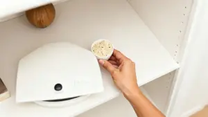 Una mano inserisce un contenitore con materiale assorbente vicino a un dispositivo su uno scaffale