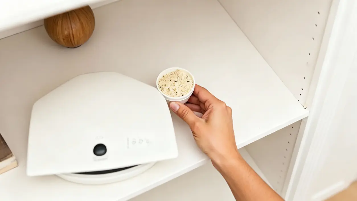 Una mano inserisce un contenitore con materiale assorbente vicino a un dispositivo su uno scaffale