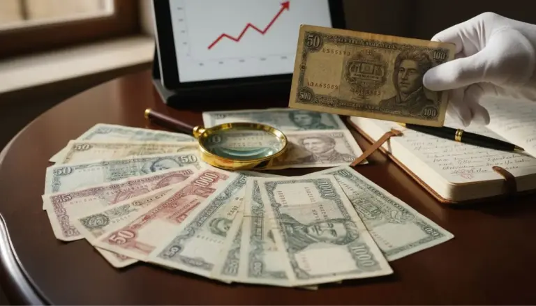 Banconote storiche esaminate su un tavolo con lente di ingrandimento e taccuino