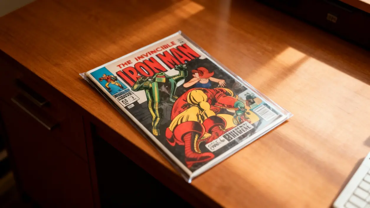 Un fumetto di Iron Man in copertina rigida su una scrivania di legno.